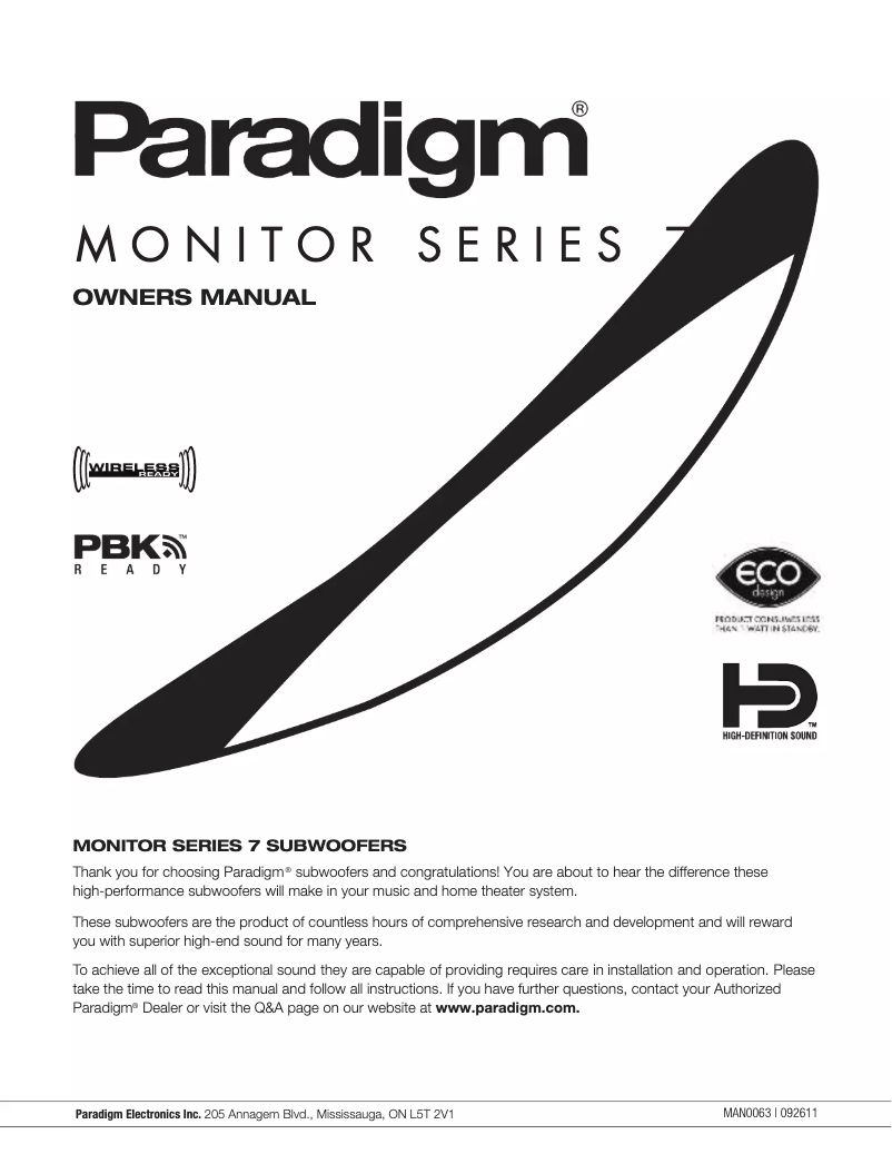 Page 1 of the manual Instruction Manual Paradigm Monitor SUB 10