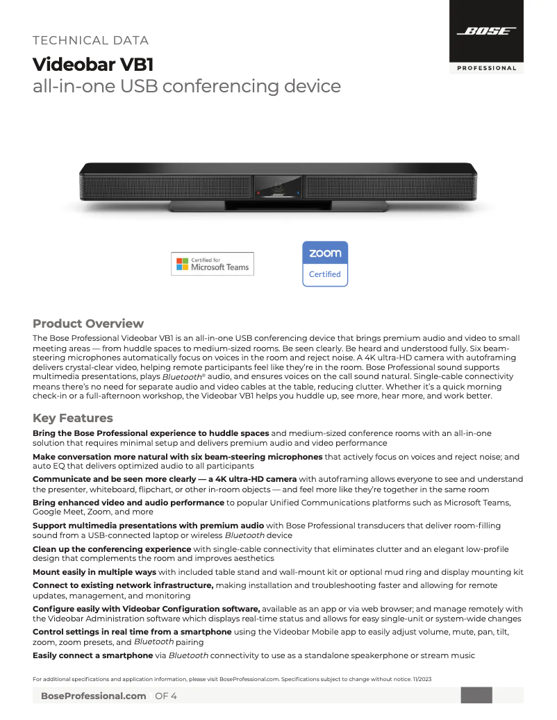 Page 1 of the manual Technical Sheet Bose Videobar VB1