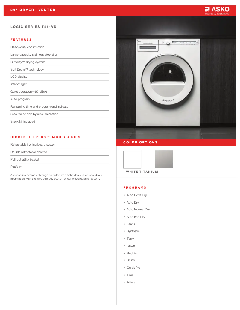 Page 1 of the manual Technical Sheet Asko T411VDT
