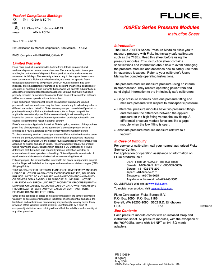 Page 1 of the manual Instructions / Assembly Fluke 718Ex