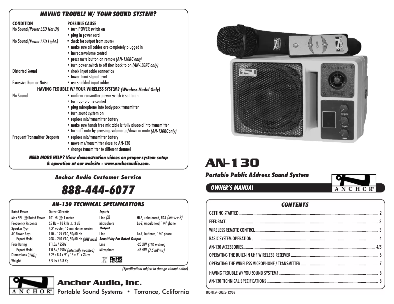 Page 1 of the manual User Manual Anchor Audio AN-130BK