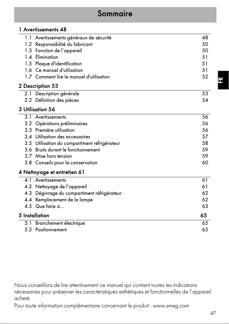 Page 1 of the manual User Manual Smeg FAB10HLWH5