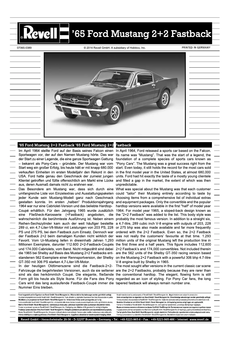 Page 1 of the manual User Manual Revell 1965 Ford Mustang 2+2 Fastback