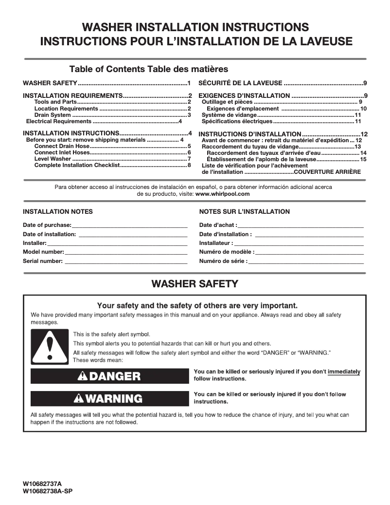 Page 1 of the manual Installation Guide Whirlpool WTW8000D