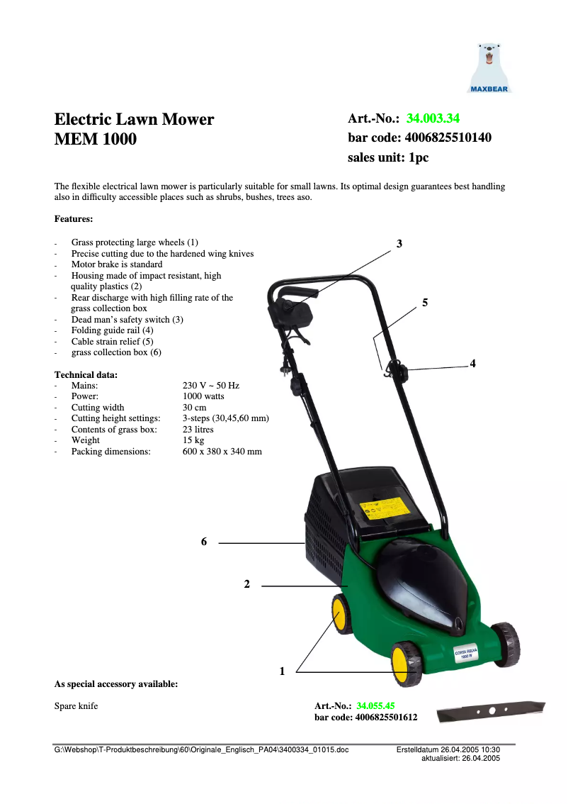 First page image of the manual for MEM 1000