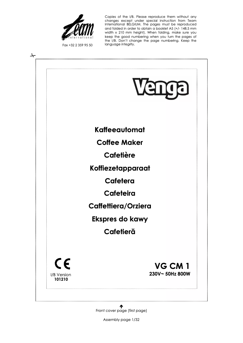 First page image of the manual for VG CM 1