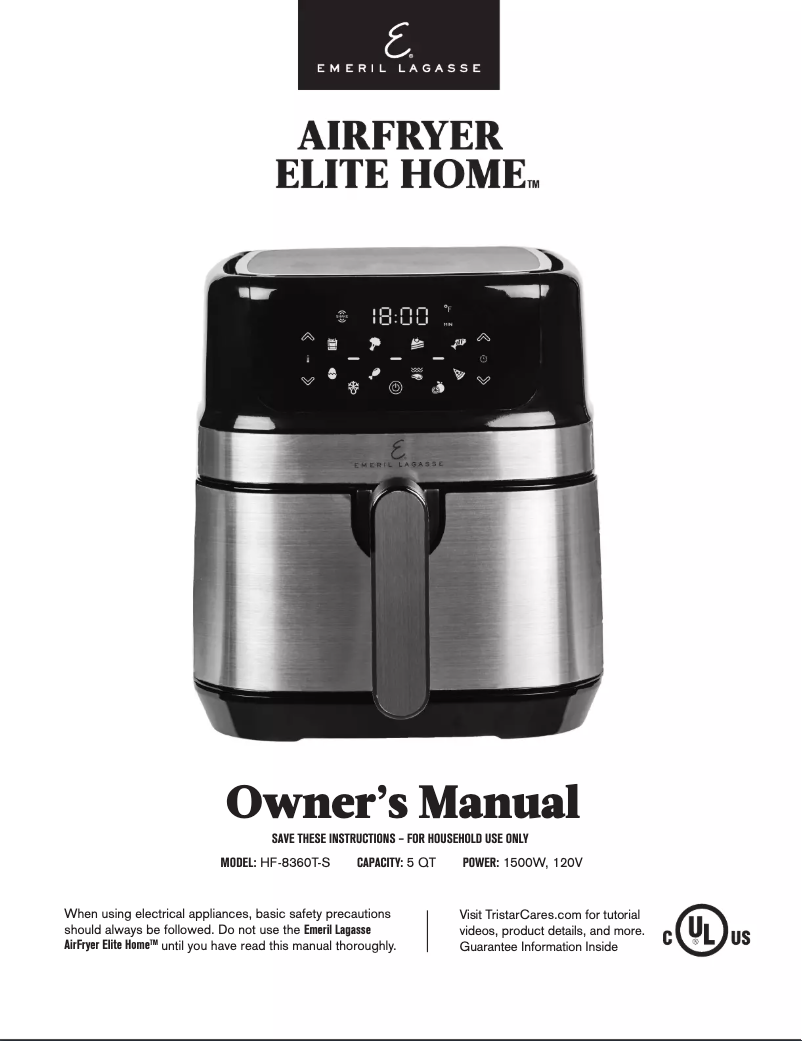 First page image of the manual for AirFryer Elite Home HF-8360T-S