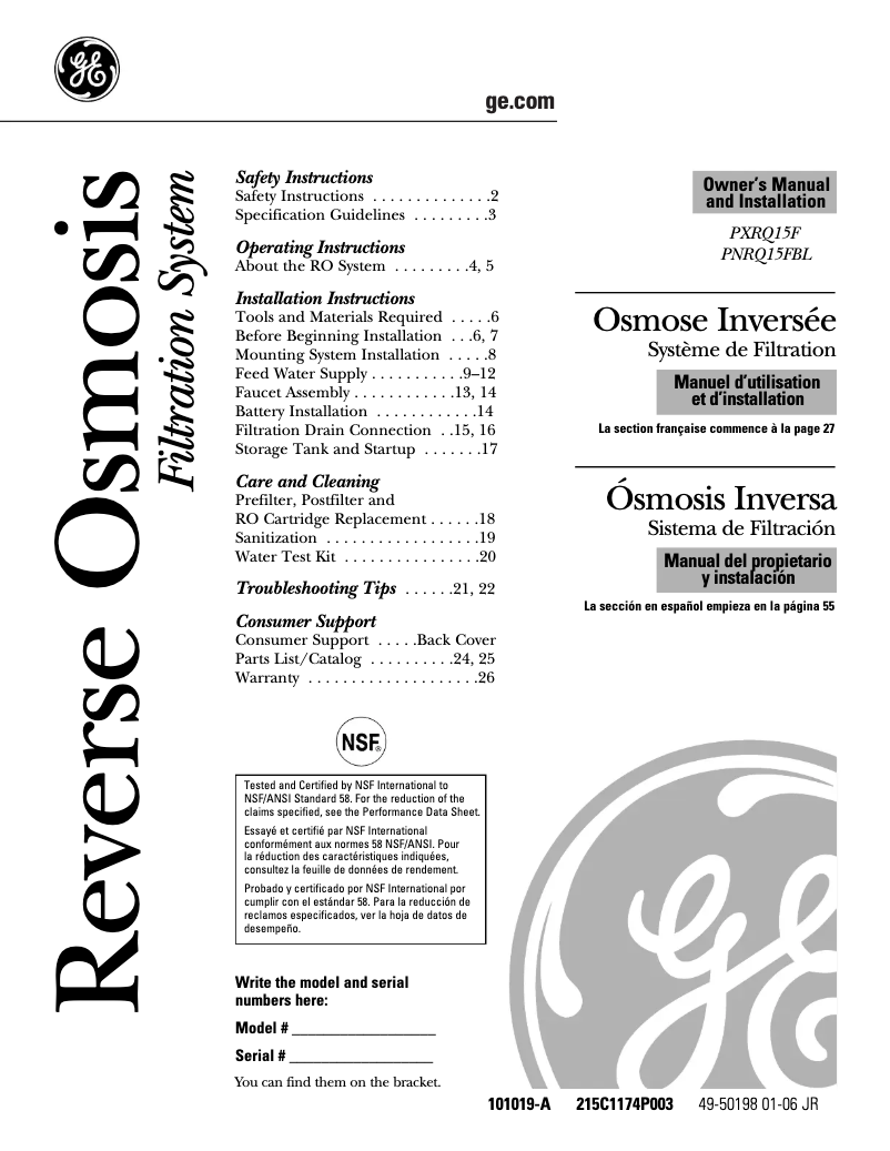 First page image of the manual for Profile PNRQ15FBL