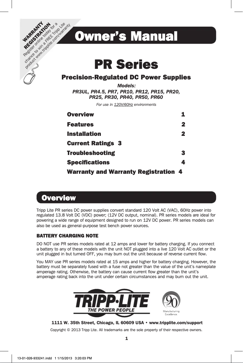 Page 1 of the manual User Manual Tripp Lite PR3/UL