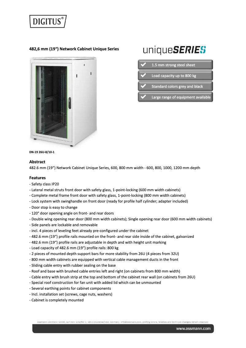 Page 1 of the manual Technical Sheet Digitus DN-19 26U-8/10-B-1