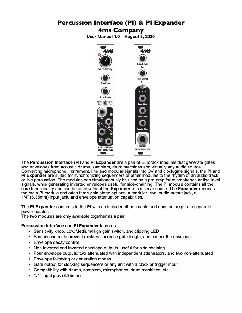 First page image of the manual for Percussion Interface
