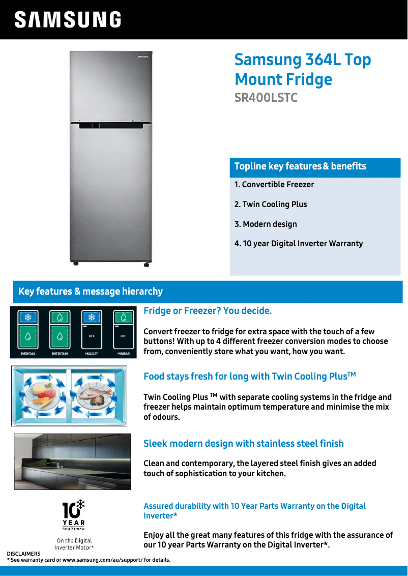 Page 1 of the manual Technical Sheet Samsung SR400LSTC
