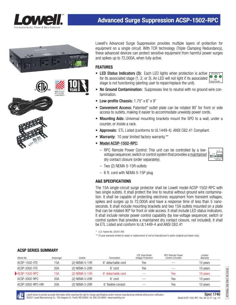 Page 1 of the manual User Manual Lowell ACSP-1502-VTE