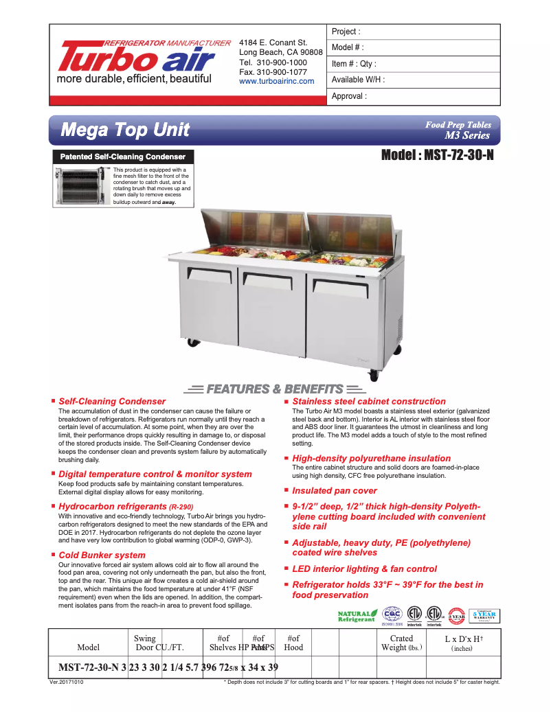 Page 1 of the manual Technical Sheet Turbo air MST-72-30