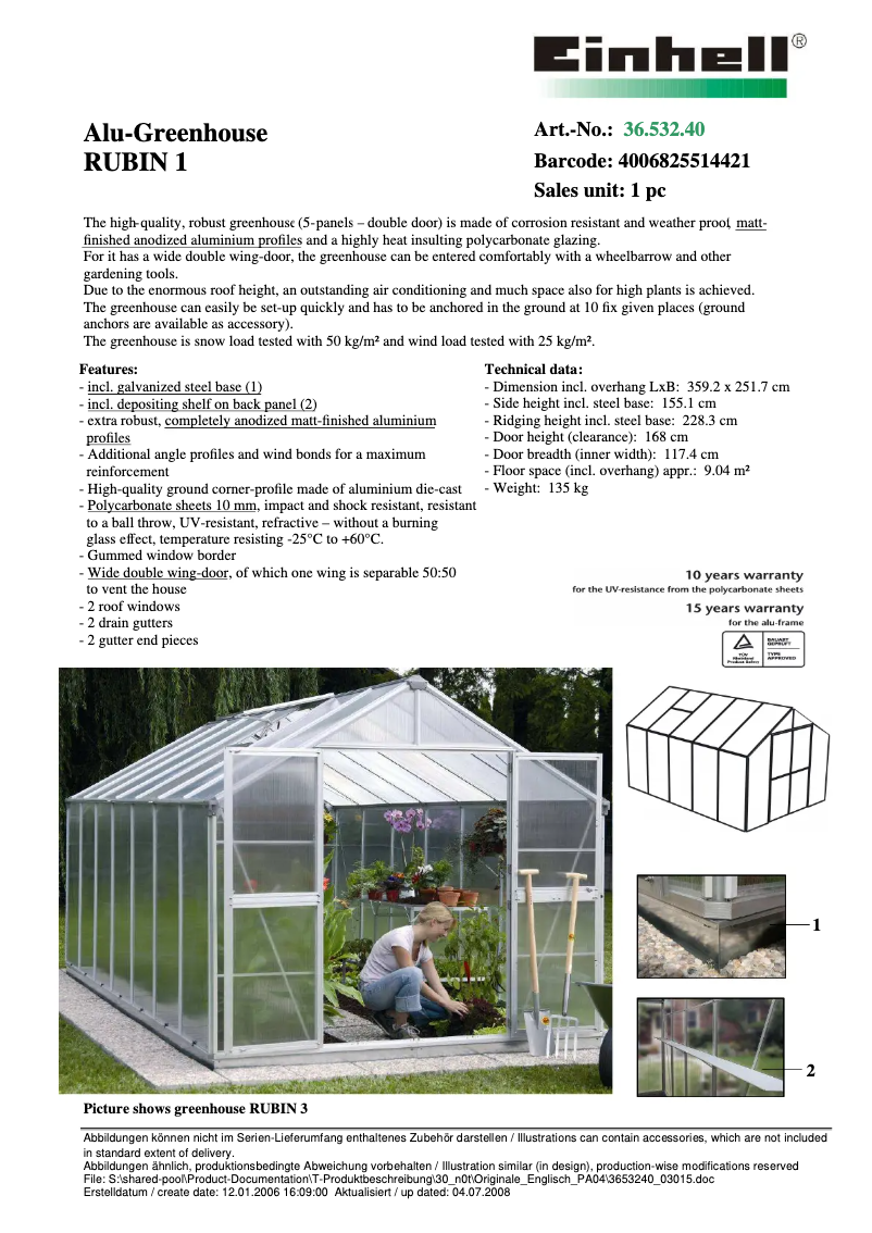 Page 1 of the manual Technical Sheet Einhell RUBIN 1