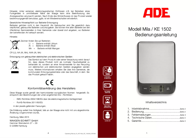 Page 1 de la notice Manuel utilisateur ADE Mila KE 1502