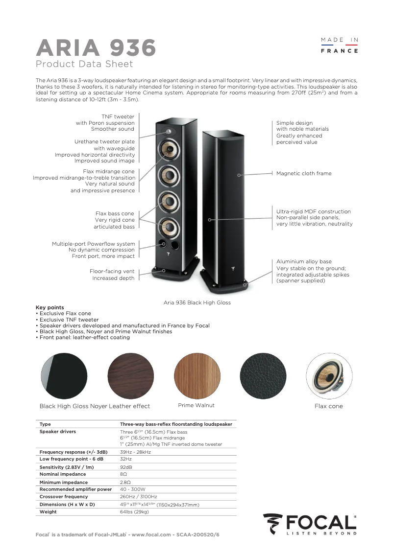 Page 1 of the manual Technical Sheet Focal Aria 936