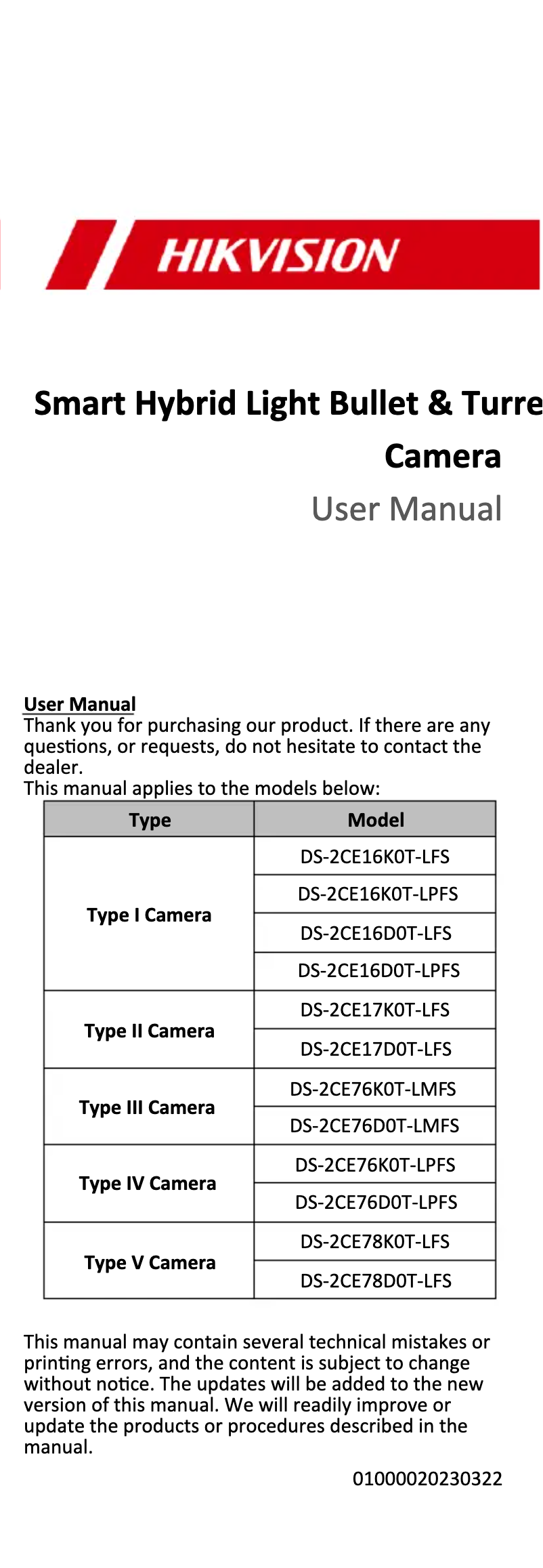 First page image of the manual for DS-2CE17K0T-LFS