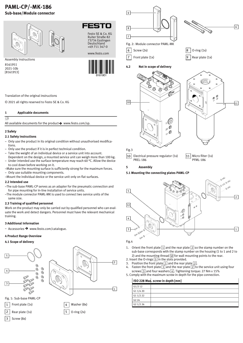 First page image of the manual for PAML-CP-186-HP3-G212
