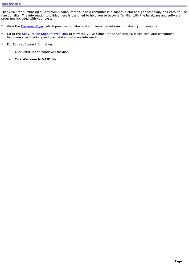 First page image of the manual for Vaio PCV-RS521