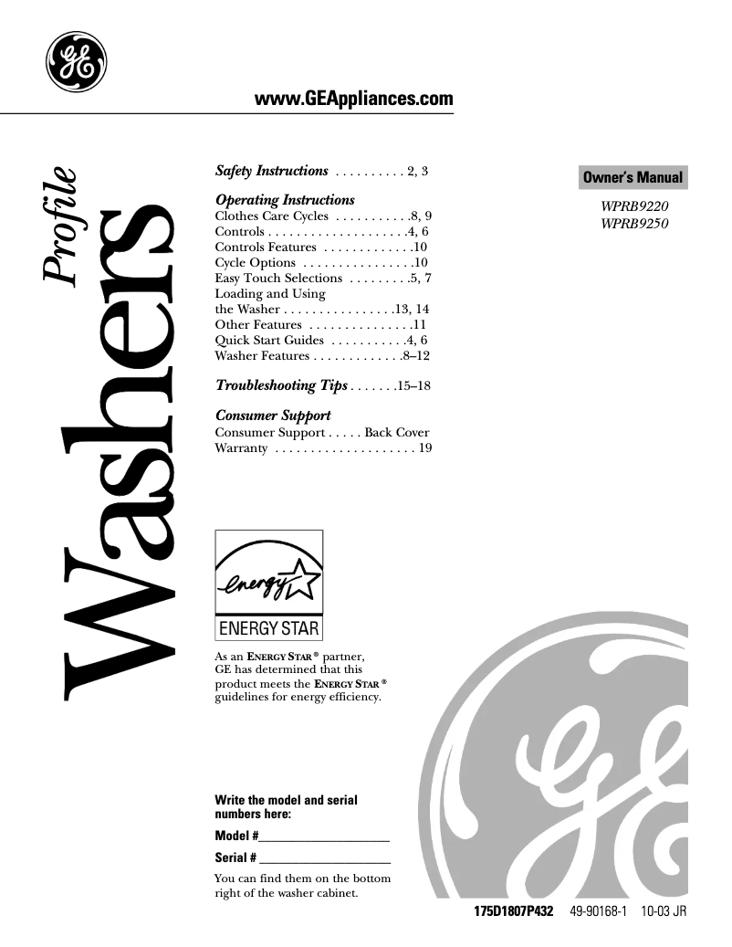 First page image of the manual for Profile WPRB9250DCC