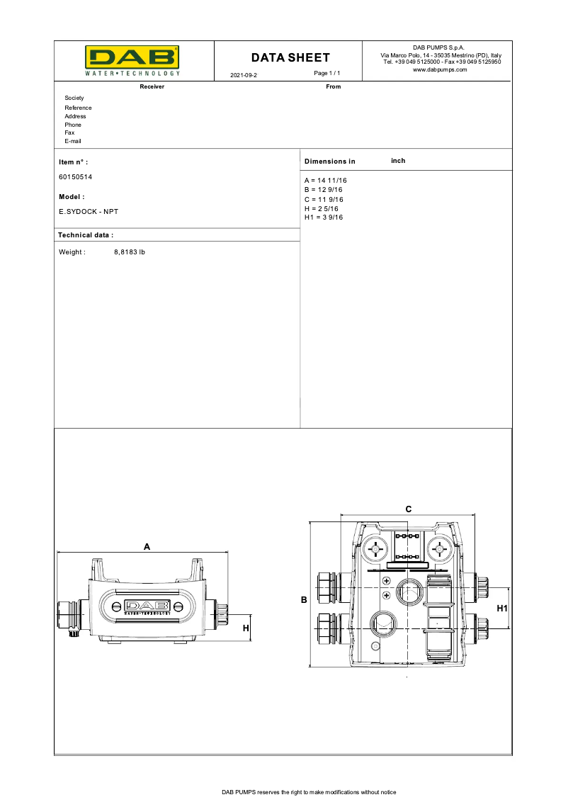 Page 1 of the manual Technical Sheet DAB ESYDOCK