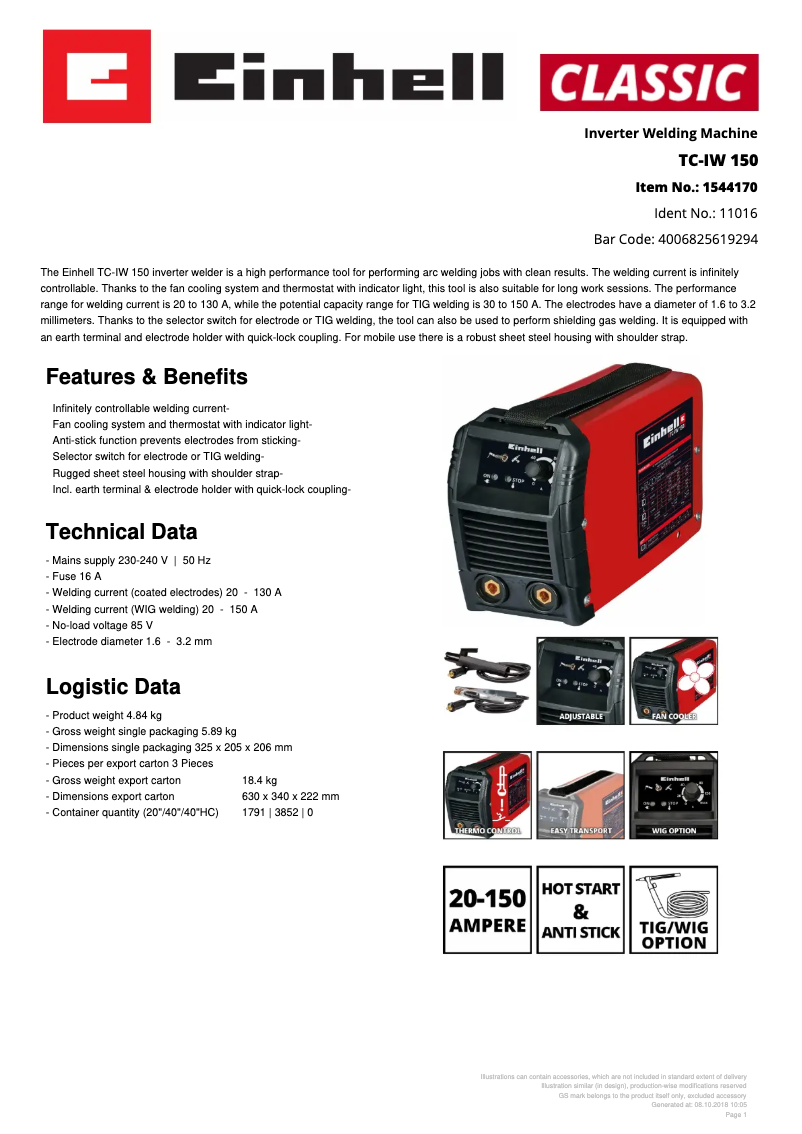 Page 1 of the manual Technical Sheet Einhell TC-IW 150