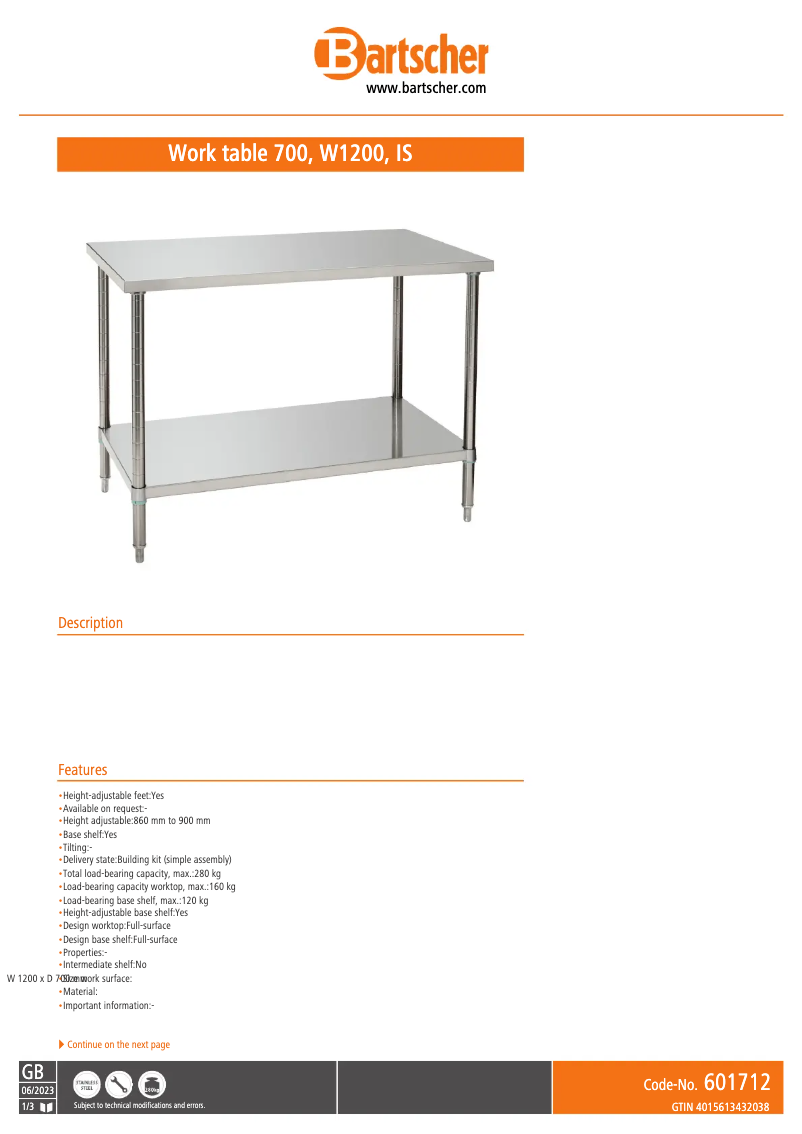 Page 1 of the manual Technical Sheet Bartscher 601712