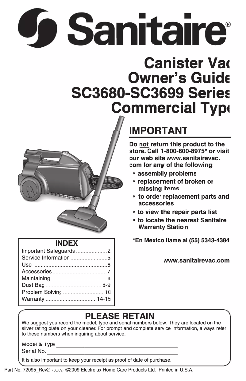 Page 1 of the manual User Manual Sanitaire SC3683