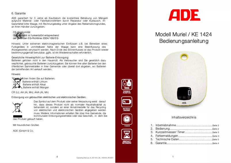 Image de la première page du manuel de l'appareil Muriel KE 1424