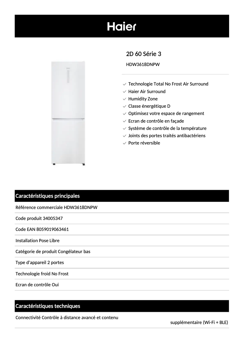 Page 1 of the manual Technical Sheet Haier HDW3618DNPW
