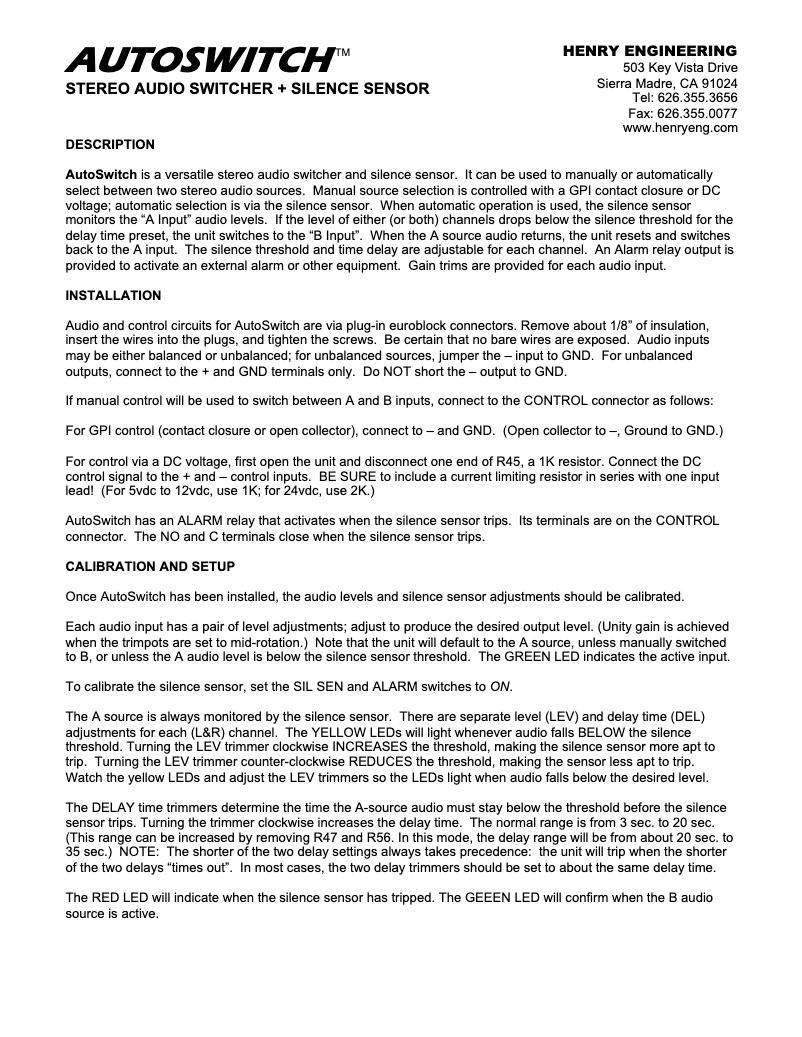 First page image of the manual for Autoswitch