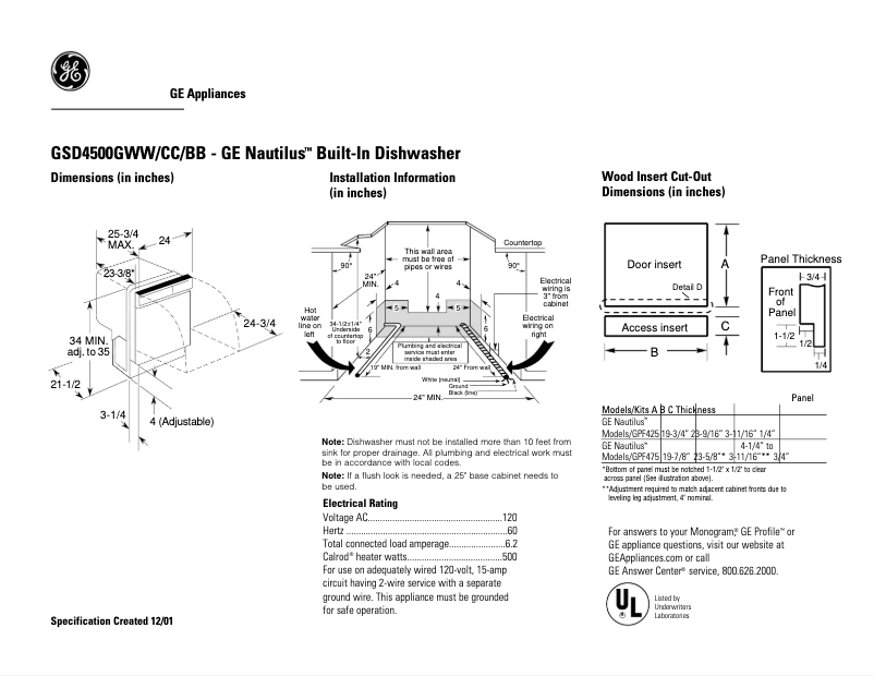 Page 1 of the manual Technical Sheet GE GSD4500GWW