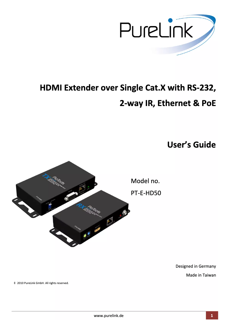 First page image of the manual for PT-E-HD50