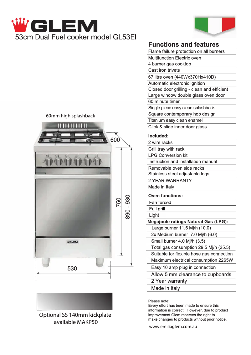 Page 1 of the manual Technical Sheet Glem Gas GL53EI