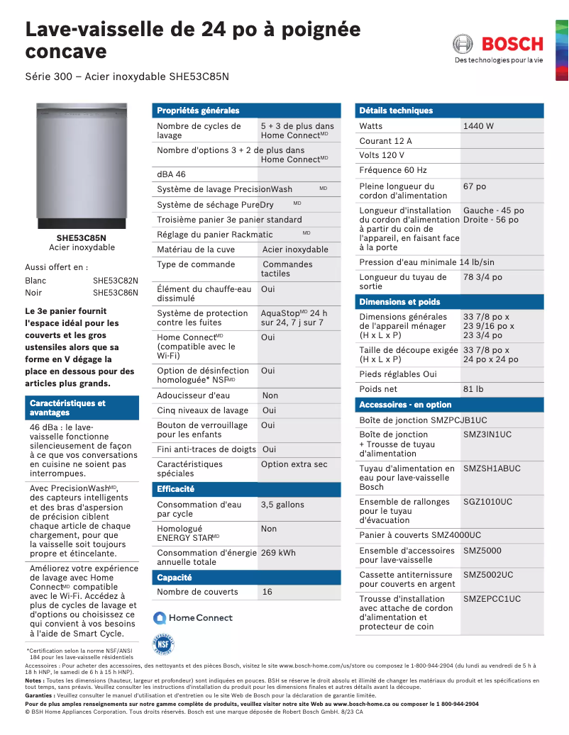 Page 1 of the manual Technical Sheet Bosch SHE53C85N