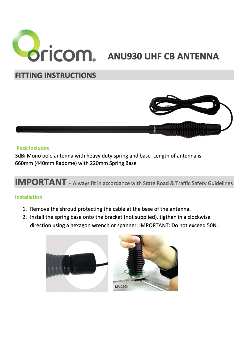 Page 1 de la notice Manuel utilisateur Oricom ANU930