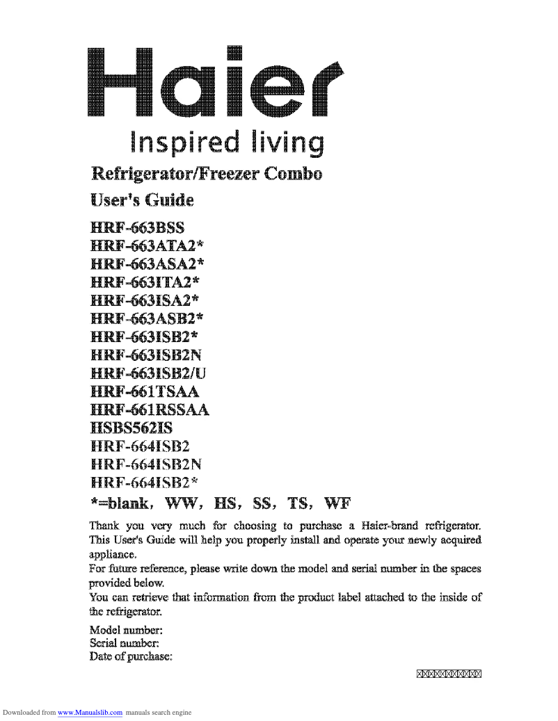 First page image of the manual for HRF-663ASB2