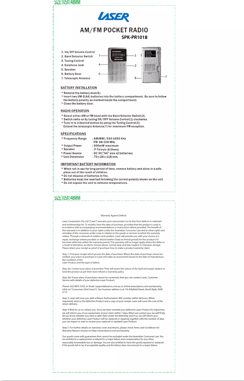 First page image of the manual for SPK-PR1018