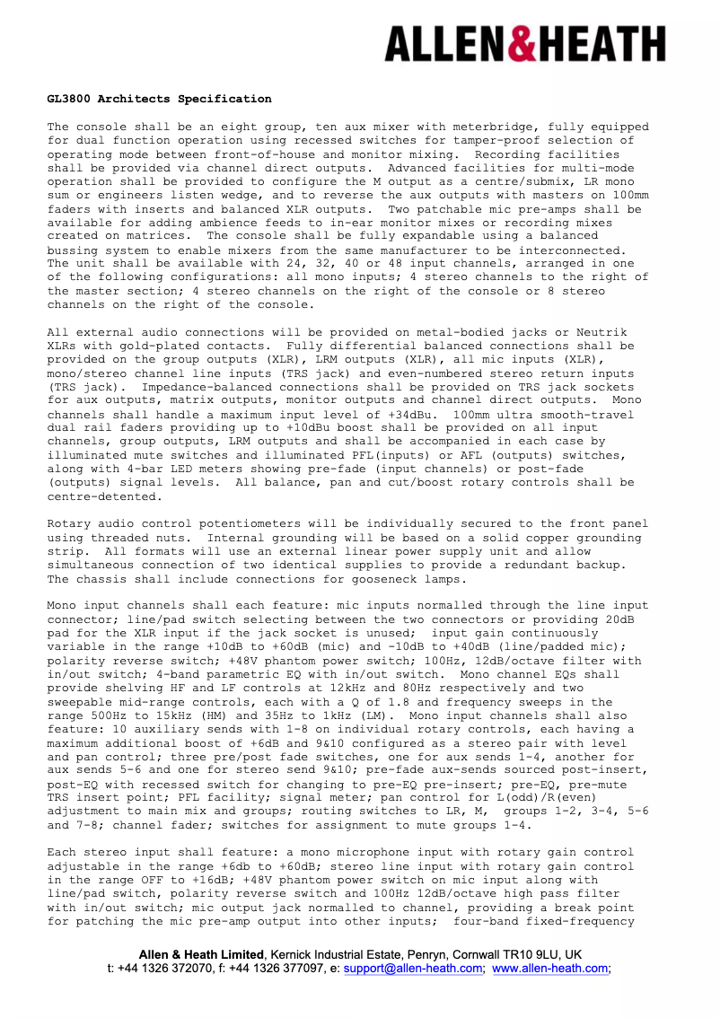 Page 1 of the manual Technical Sheet Allen & Heath GL3800
