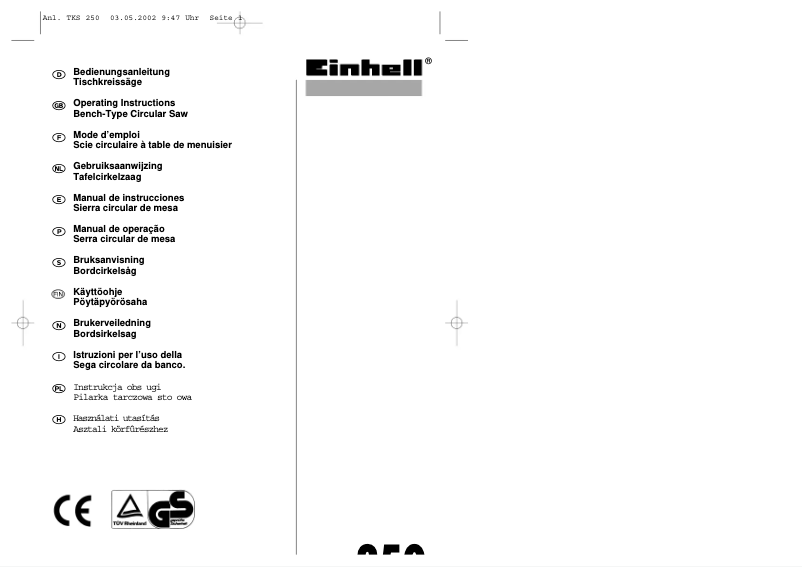 Page 1 of the manual User Manual Einhell TKS 250 UV