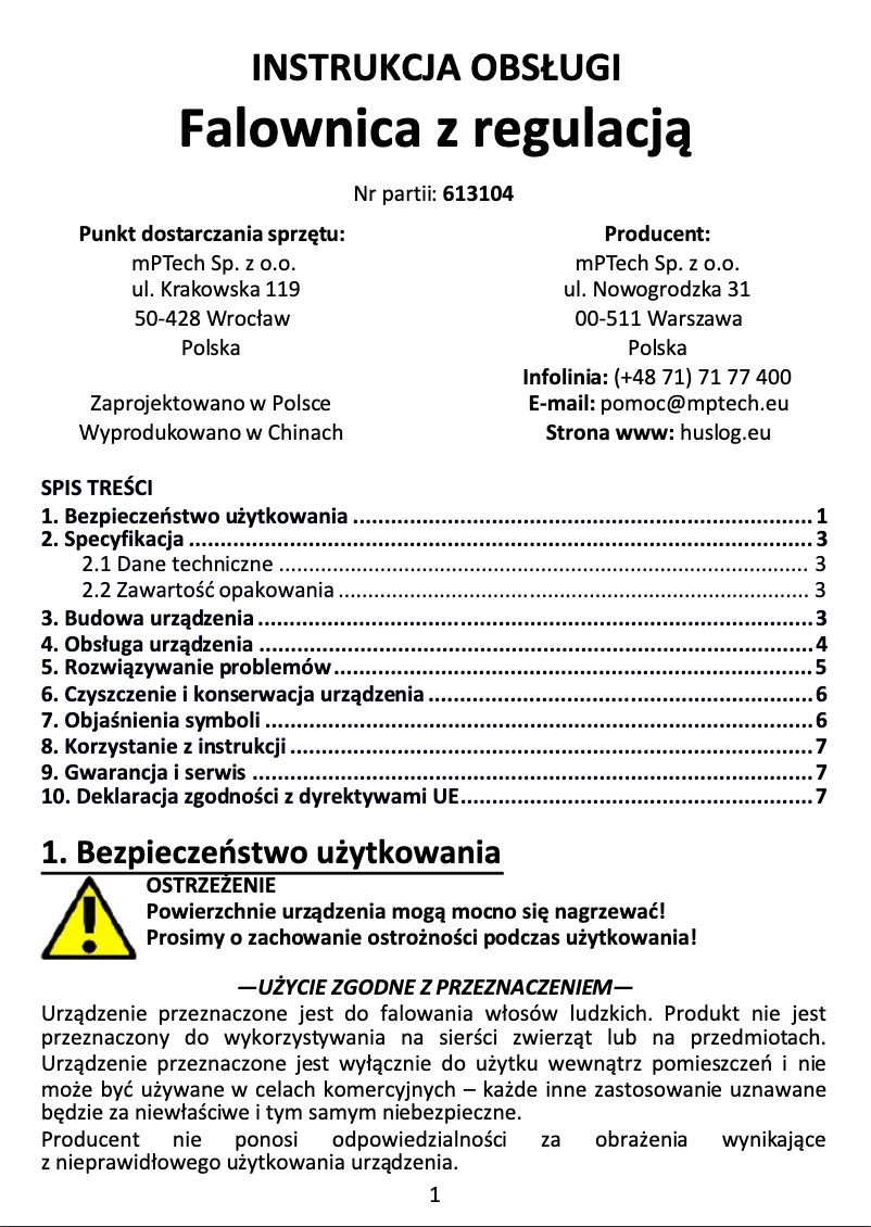 Page 1 of the manual User Manual Huslog BE-570134