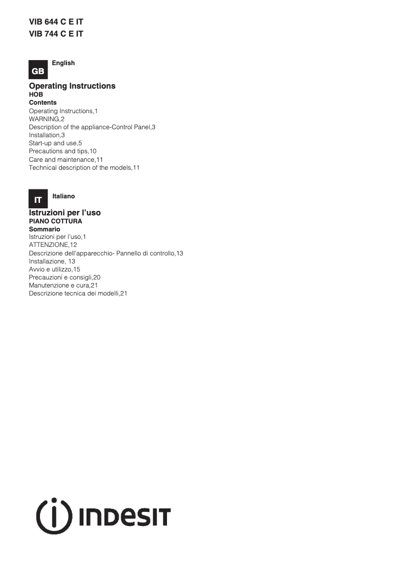 First page image of the manual for VIB 744 C E IT