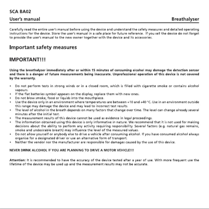 First page image of the manual for SCA BA02