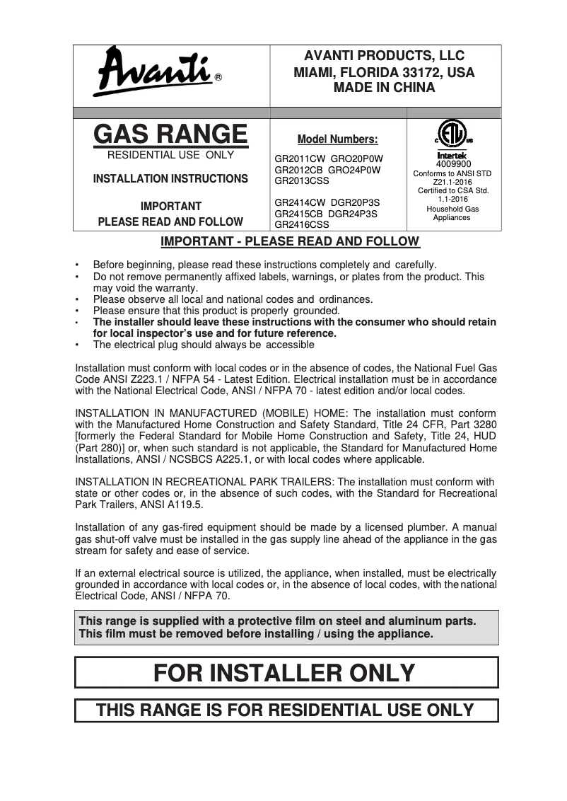 Page 1 of the manual Installation Guide Avanti GR2415CB