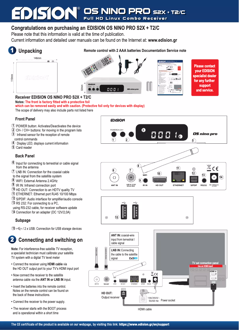 Page 1 de la notice Manuel utilisateur Edision OS NINO PRO S2X + T2/C