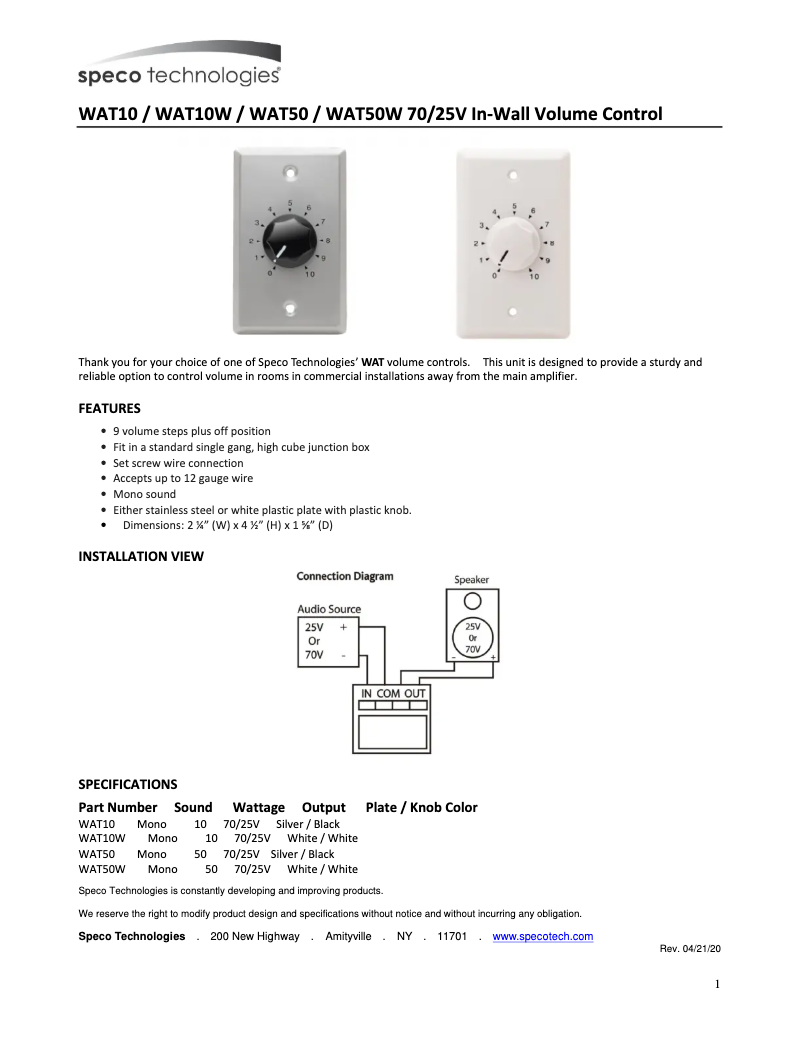 Page 1 of the manual User Manual Speco Technologies WAT10DW