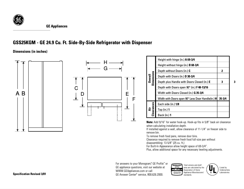 Page 1 of the manual Technical Sheet GE GSS25KGMCC