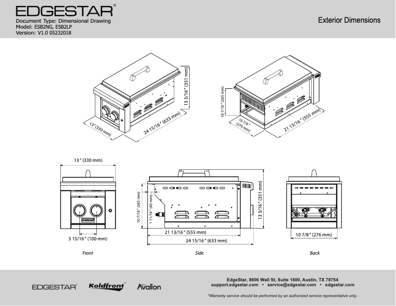 Page 1 of the manual Technical Sheet EdgeStar ESB2NG