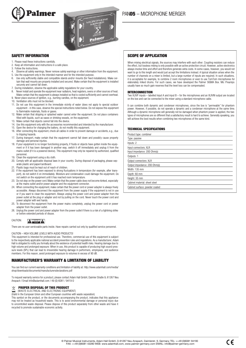 Page 1 of the manual User Manual Palmer PAN 05